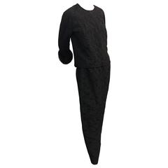 1960s Saks 2-Piece Black Silk Brocade Evening Column w Black Mink Cuffs 7
