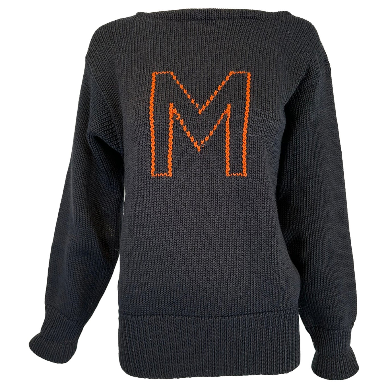 Milton Academy Mass. Early 1900s Varsity Knit School Sweater Blue & Orange For Sale