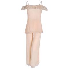 1930's Carolyn Paris Couture Pink Silk Lace Off-Shoulder Lounge Pants Ensemble