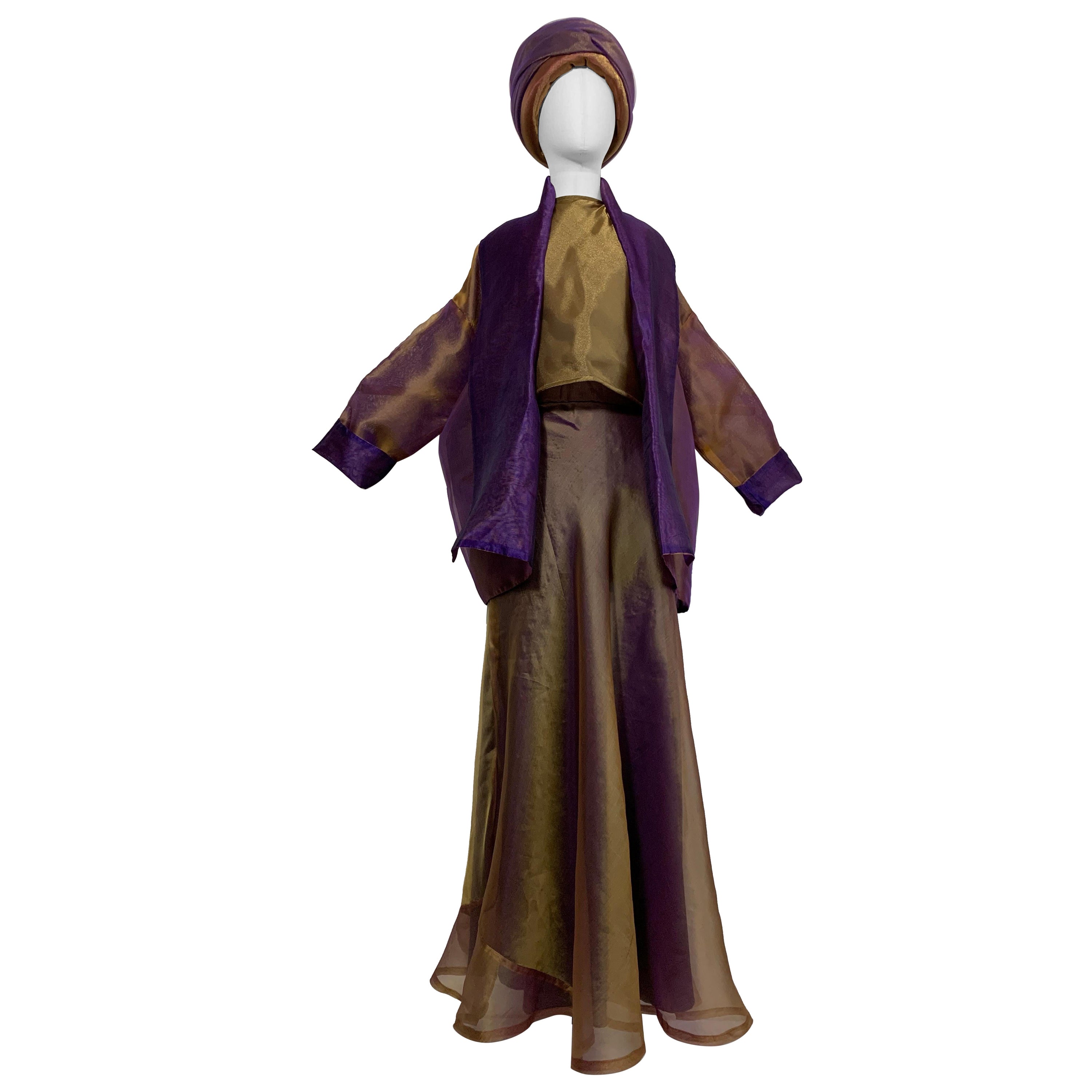 Custom 4-Piece Purple/Gold Shot Silk Ensemble: Halter Skirt Jacket and Turban For Sale