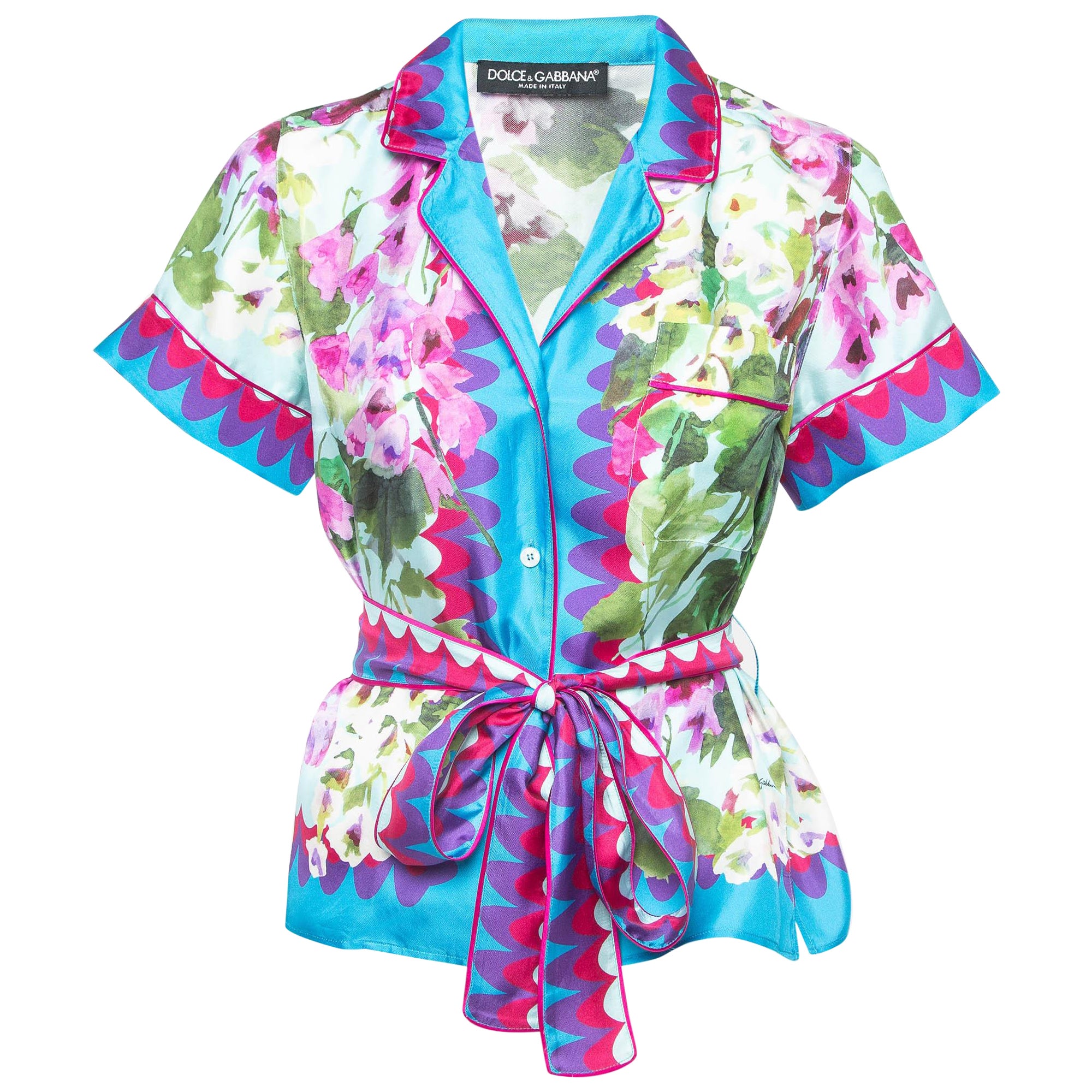 Dolce & Gabbana Blue Floral Print Silk Belted Shirt S For Sale