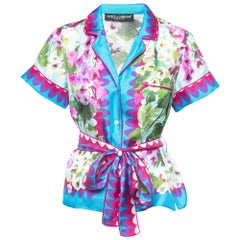 Dolce & Gabbana Blue Floral Print Silk Belted Shirt S