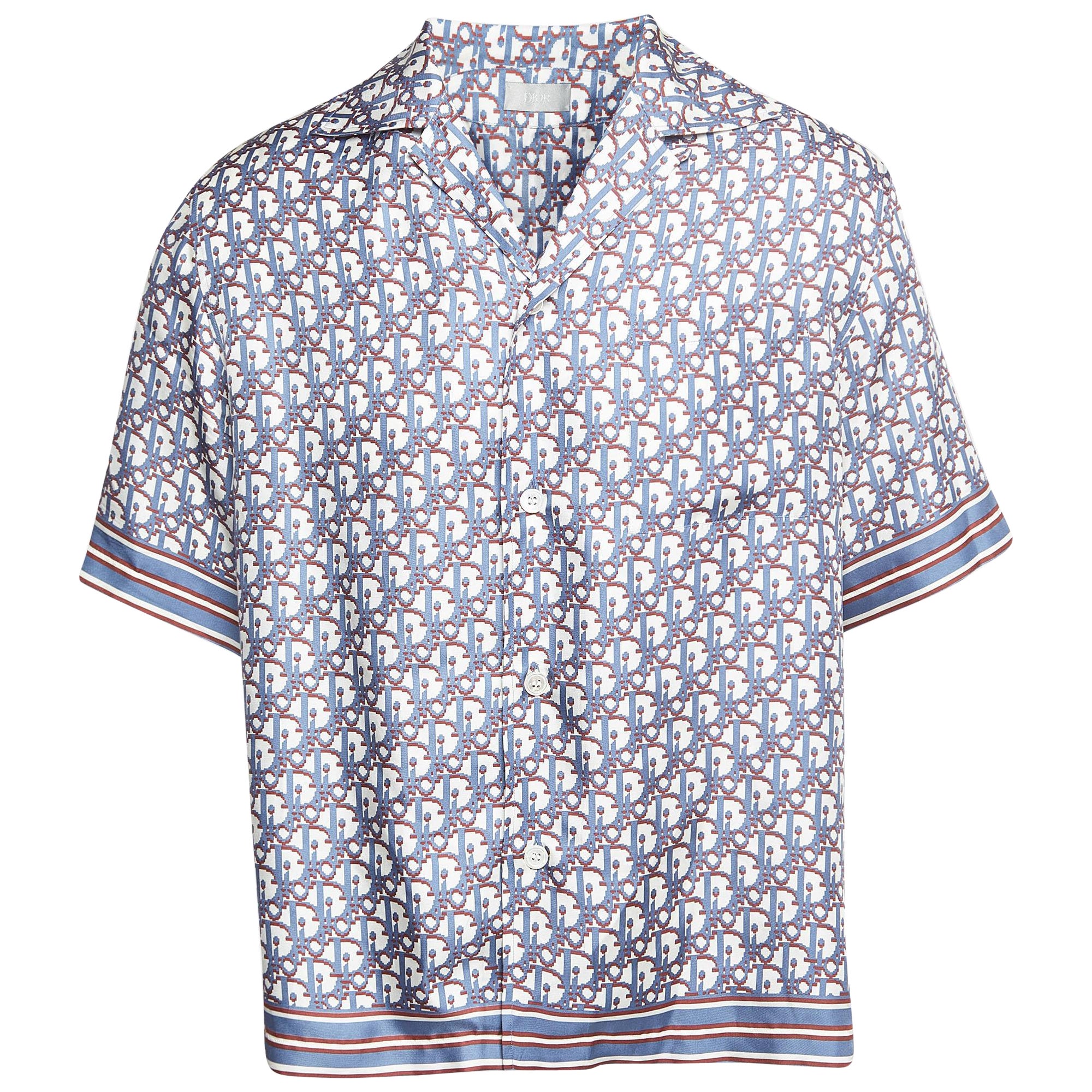 Dior Homme Blue Oblique Pixel Printed Silk Short Sleeve Shirt XS en vente
