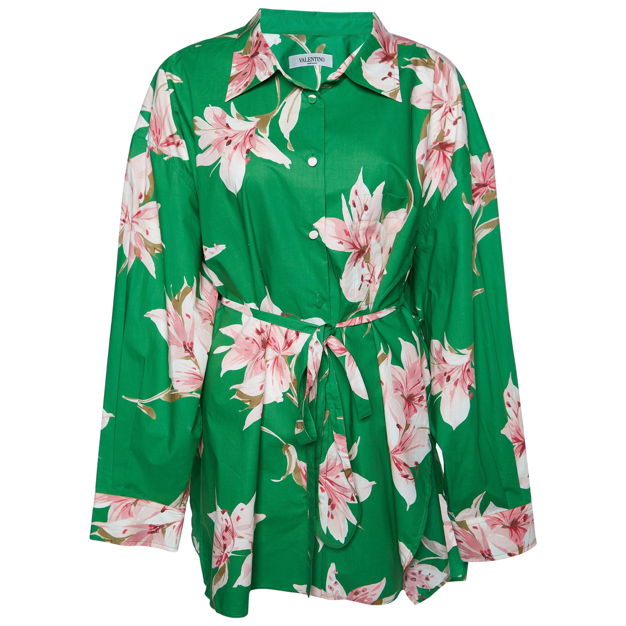 Valentino Green Floral Print Cotton Belted Shirt Dress L For Sale