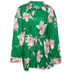 Valentino Green Floral Print Cotton Belted Shirt Dress L