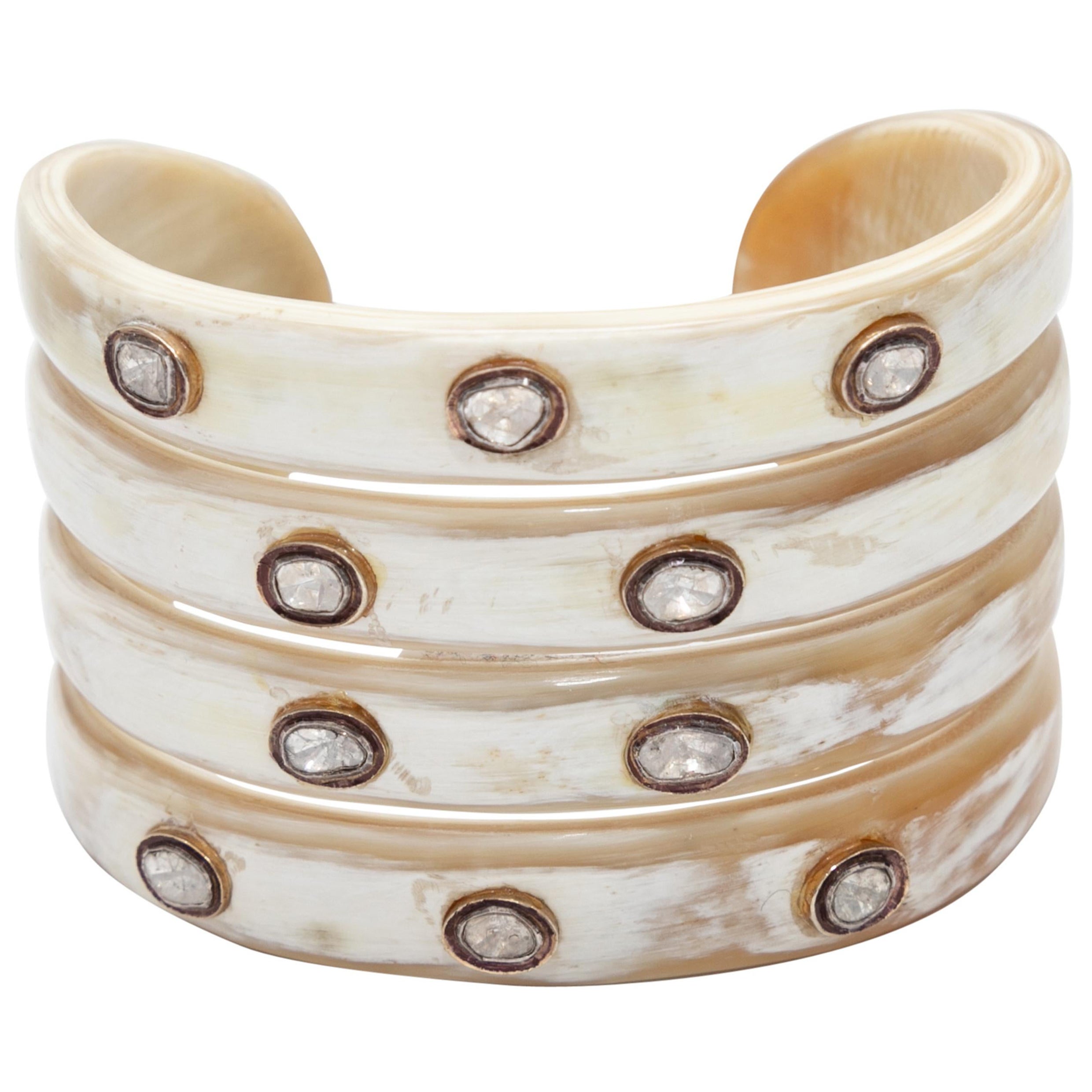 Beige & White Arthur Mader Sliced Diamond & Horn Cuff Bracelet For Sale