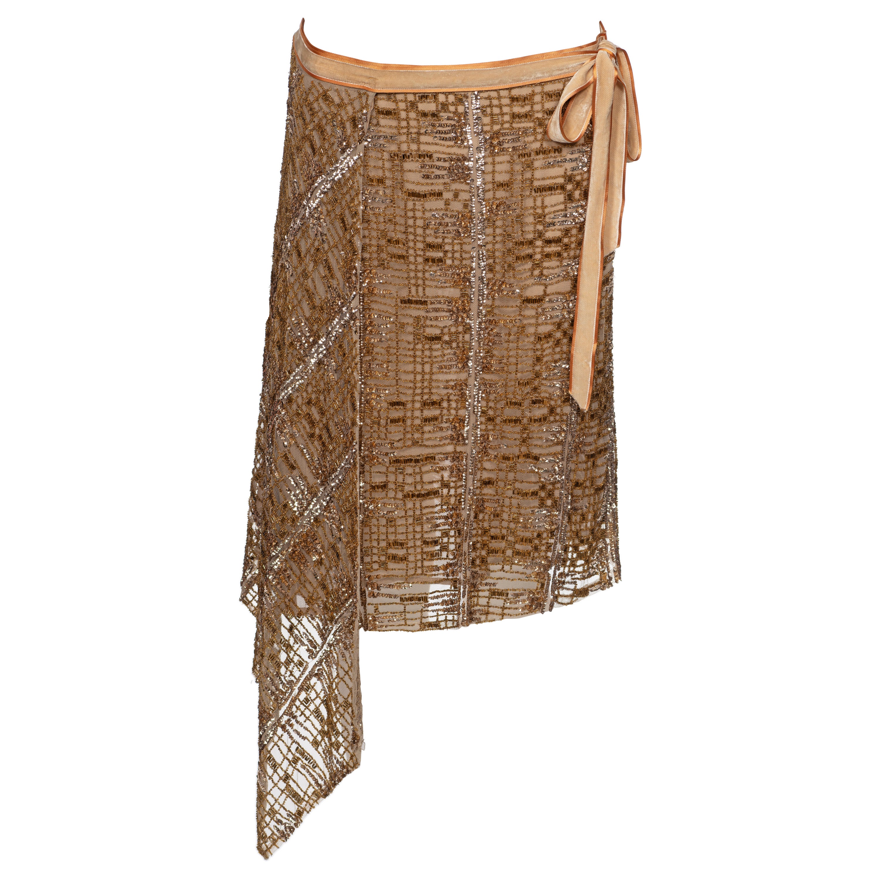 Blumarine by Anna Molinari Copper Beaded and Sequin Mesh Wrap Skirt, FW 2001 For Sale