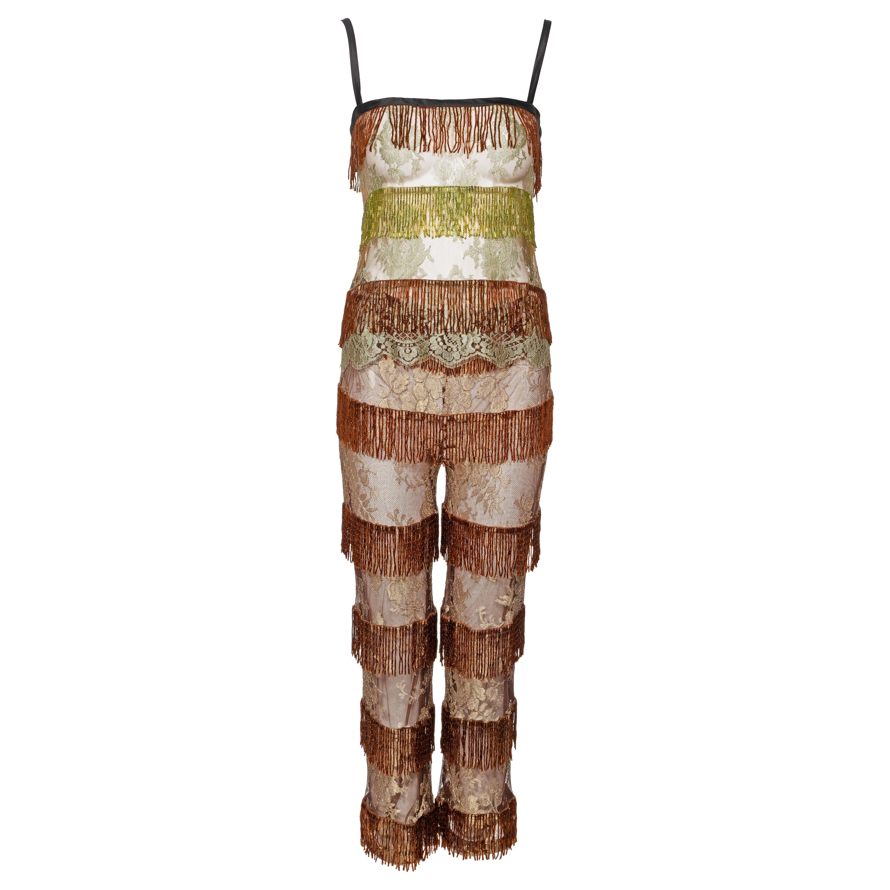 Dolce & Gabbana Beaded Fringe and Metallic Lace Top and Pants Set, SS 2000 For Sale