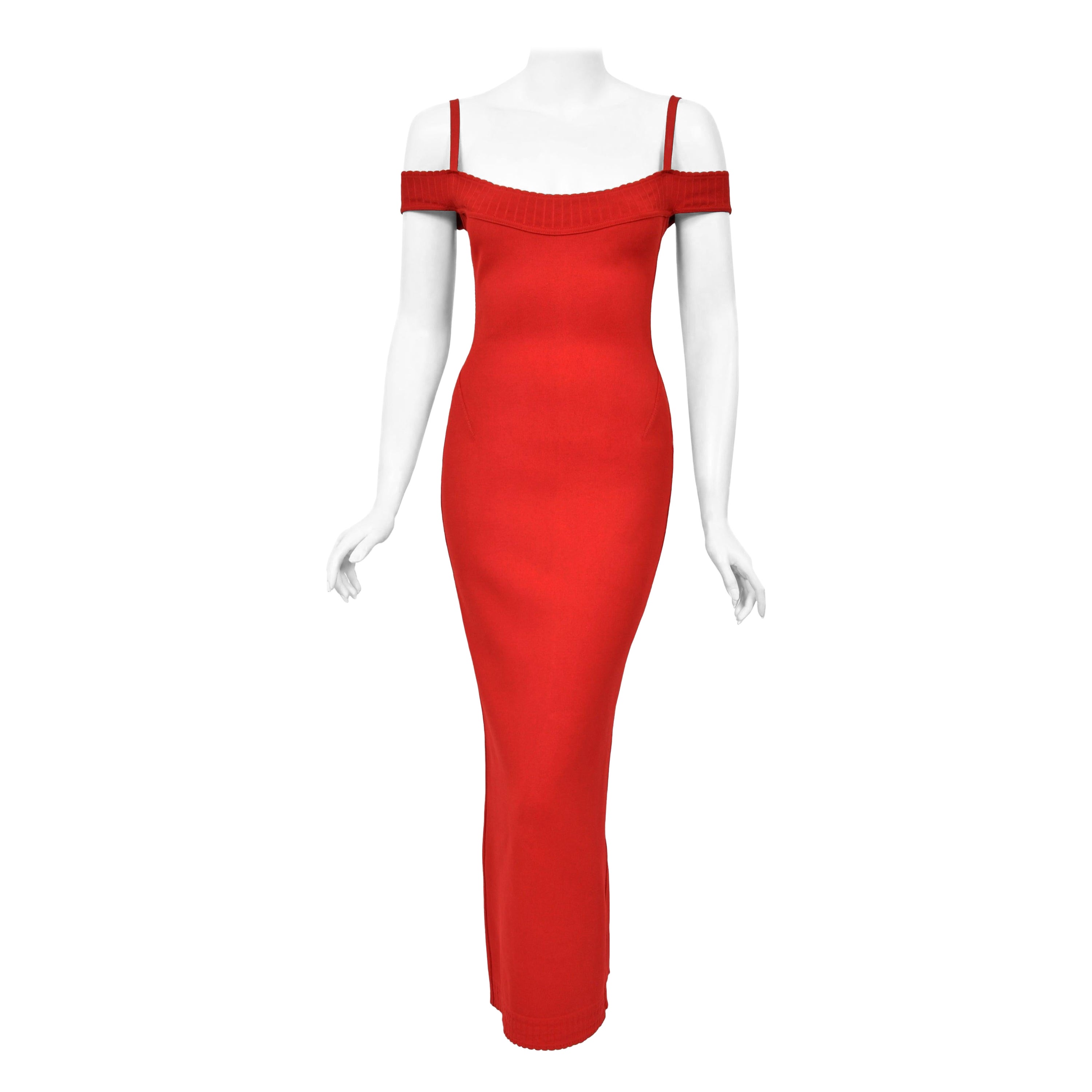 1992 Azzedine Alaia Red Stretch Knit Cold-Shoulder Bodycon Hourglass Maxi Dress