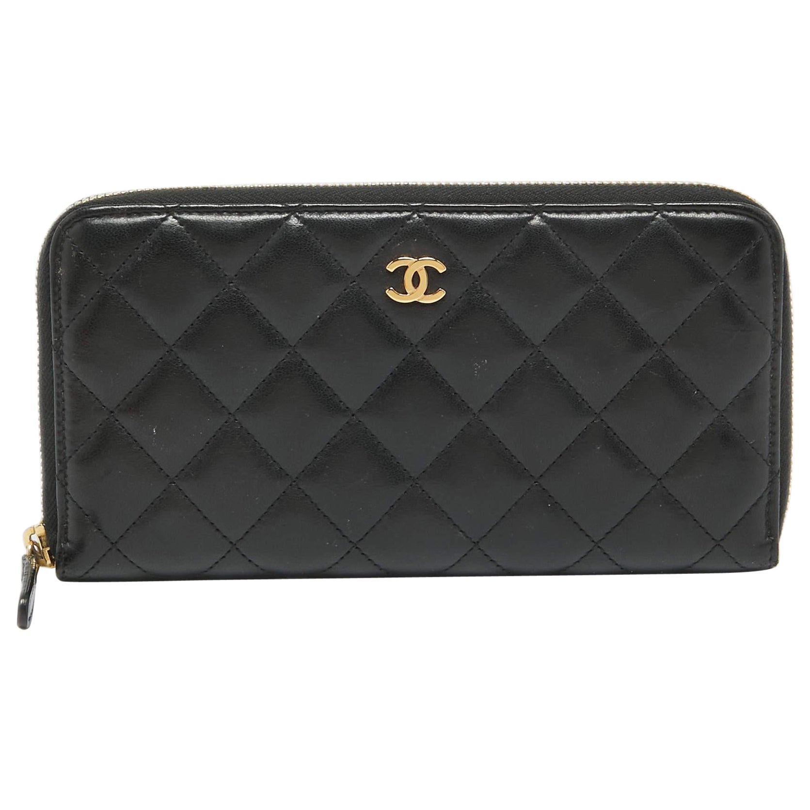 Chanel Black Quilted Leather Classic Zip Around Wallet For Sale