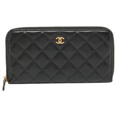 Used Chanel Black Quilted Leather Classic Zip Around Wallet