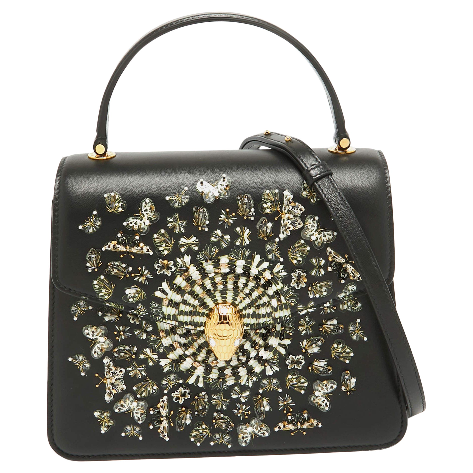 Bvlgari x Mary Katrantzou Black Leather Bejewelled Top Handle Bag For Sale