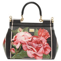 Dolce & Gabbana Black Leather Small Sicily Rose Top Handle Bag