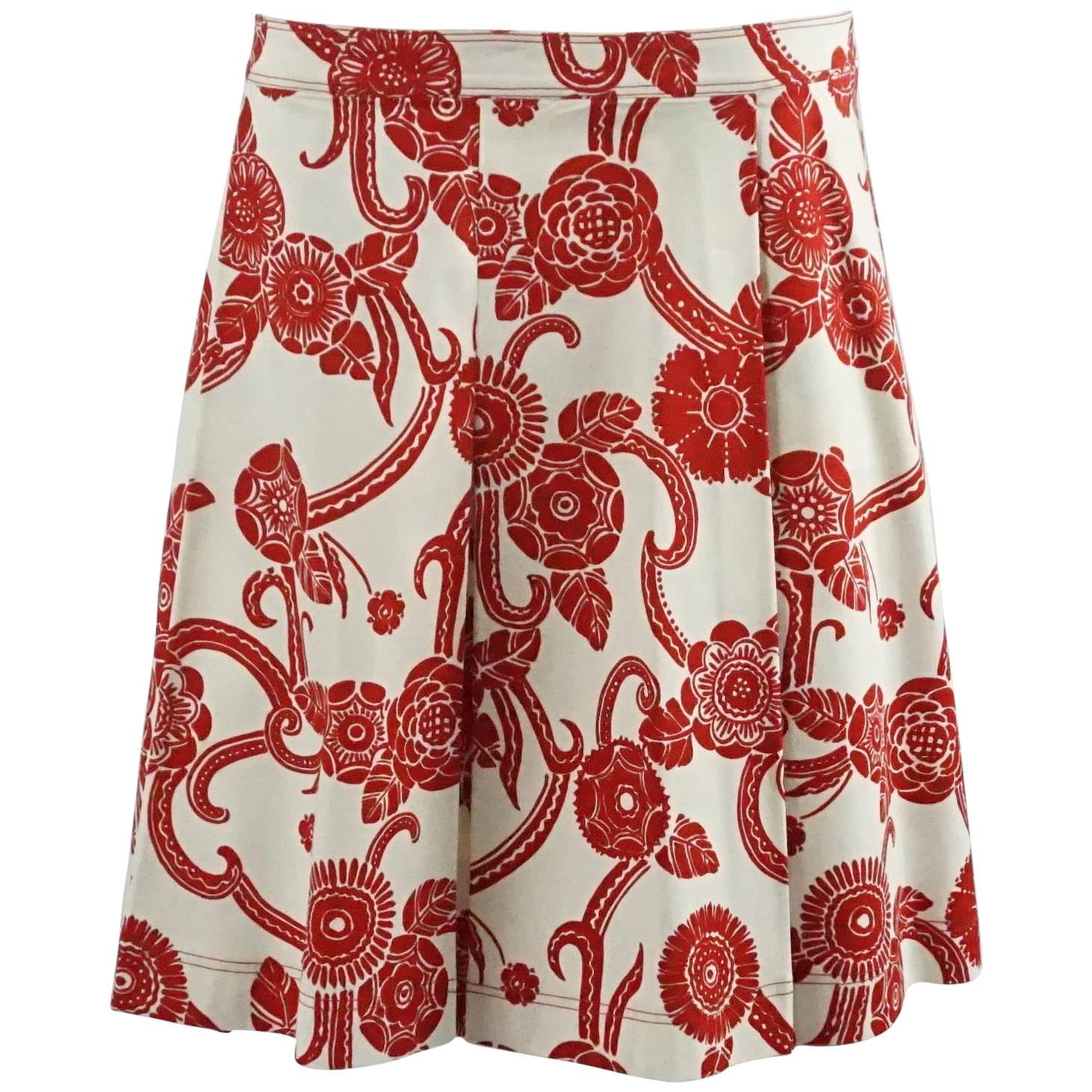 Oscar de la Renta Red and White Floral Cotton Pleated Skirt - 10