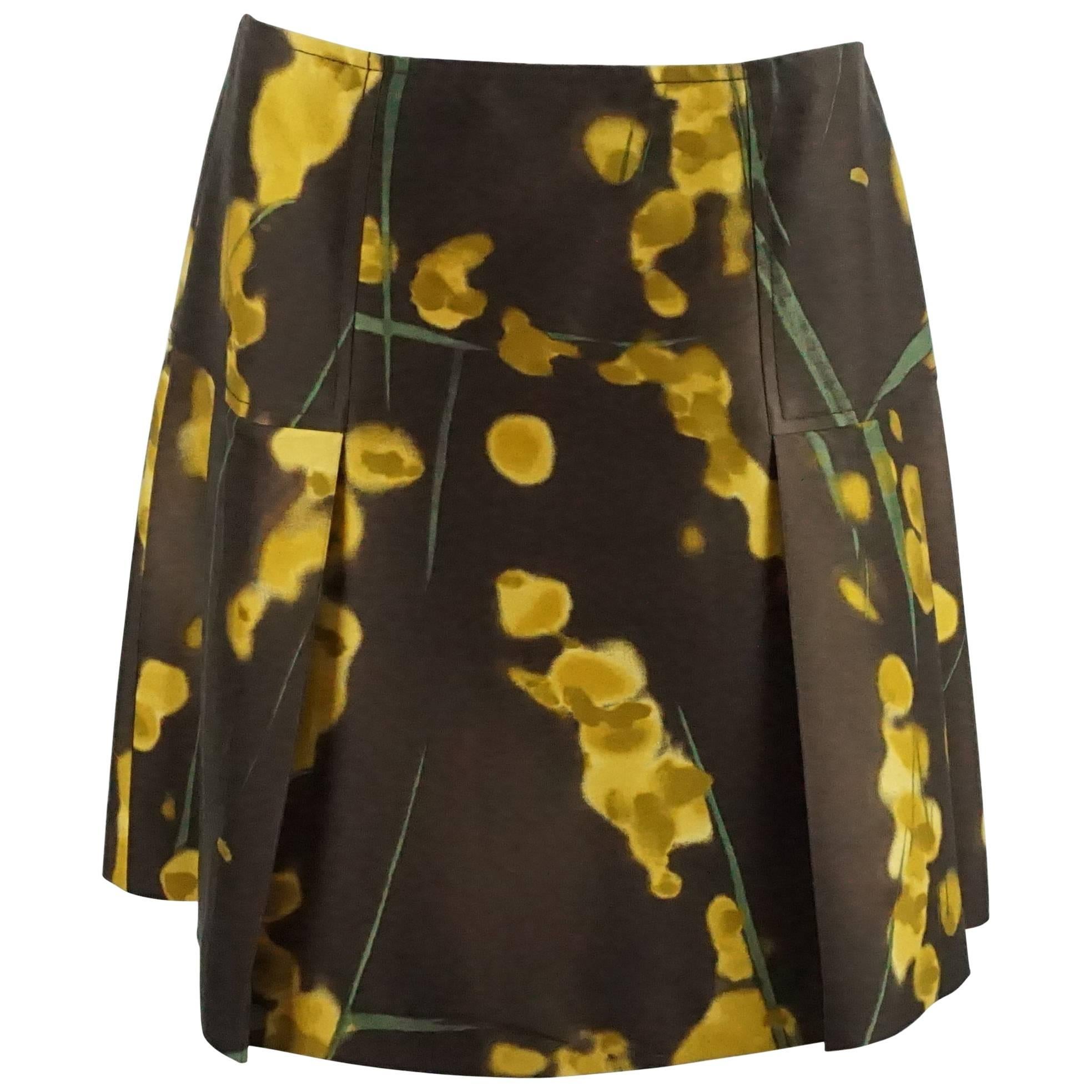 Oscar de la Renta Brown, Yellow, and Green Print Silk Skirt - 10