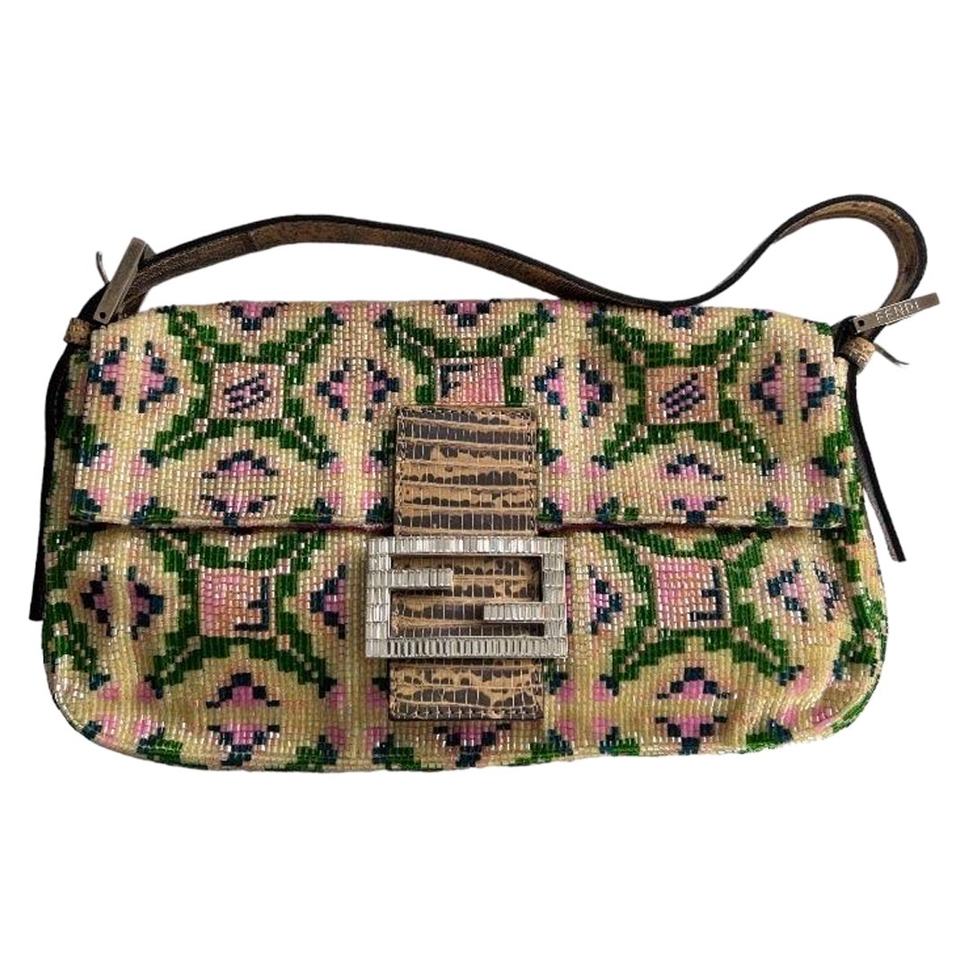 Fendi pink and green beaded baguette For Sale
