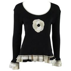 Chanel Black Cotton Sweater with Ruffles and Camellia - L