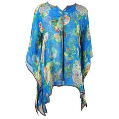 Sophie Hong Blue Floral Print Silk Chiffon Tunic Top - L