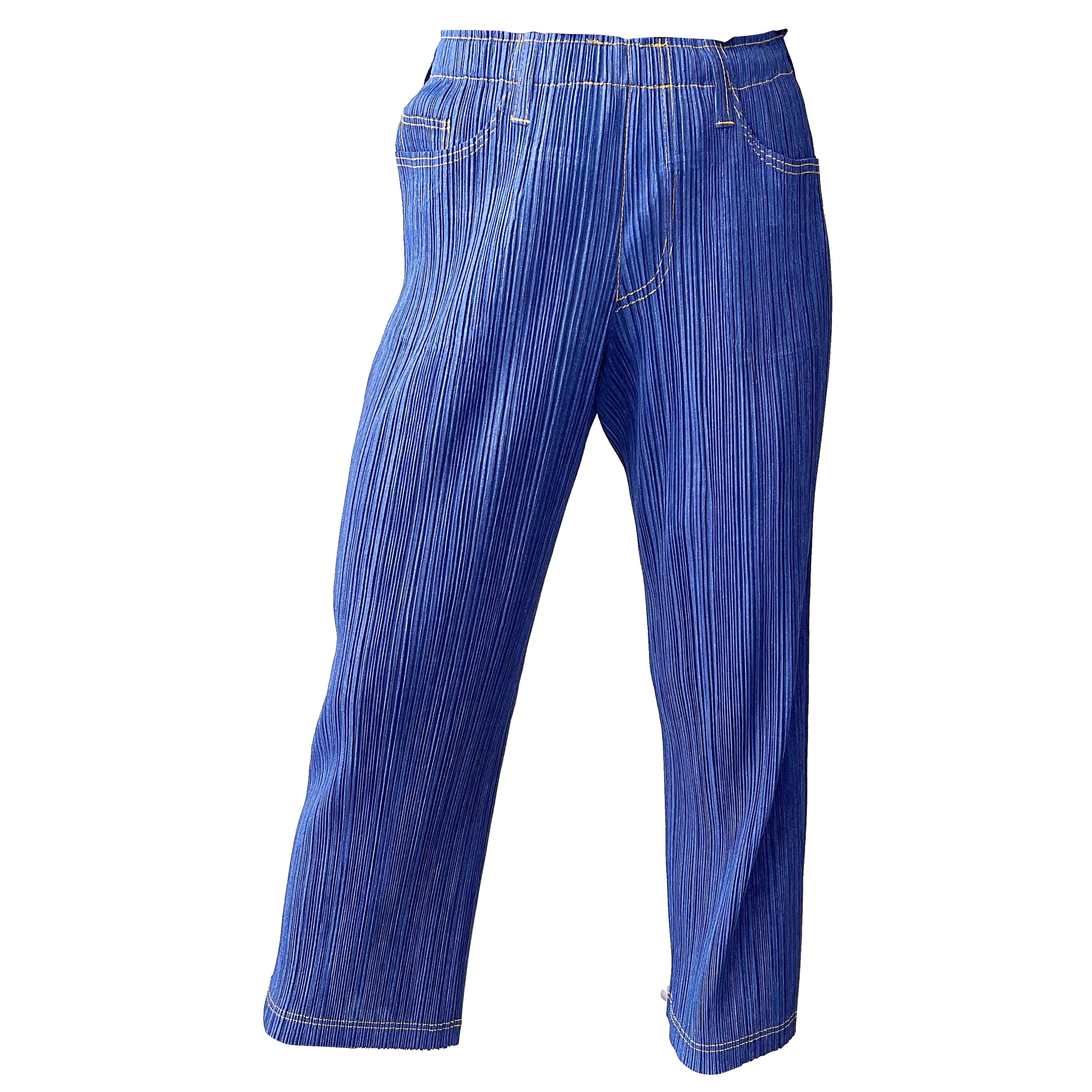 1990 Issey Miyake Pleats Please Trompe L'oeil Denim Blue Jeans Vintage Pants en vente