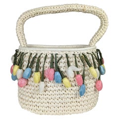 Vintage Charming Raffia and Straw Flower Bud Purse