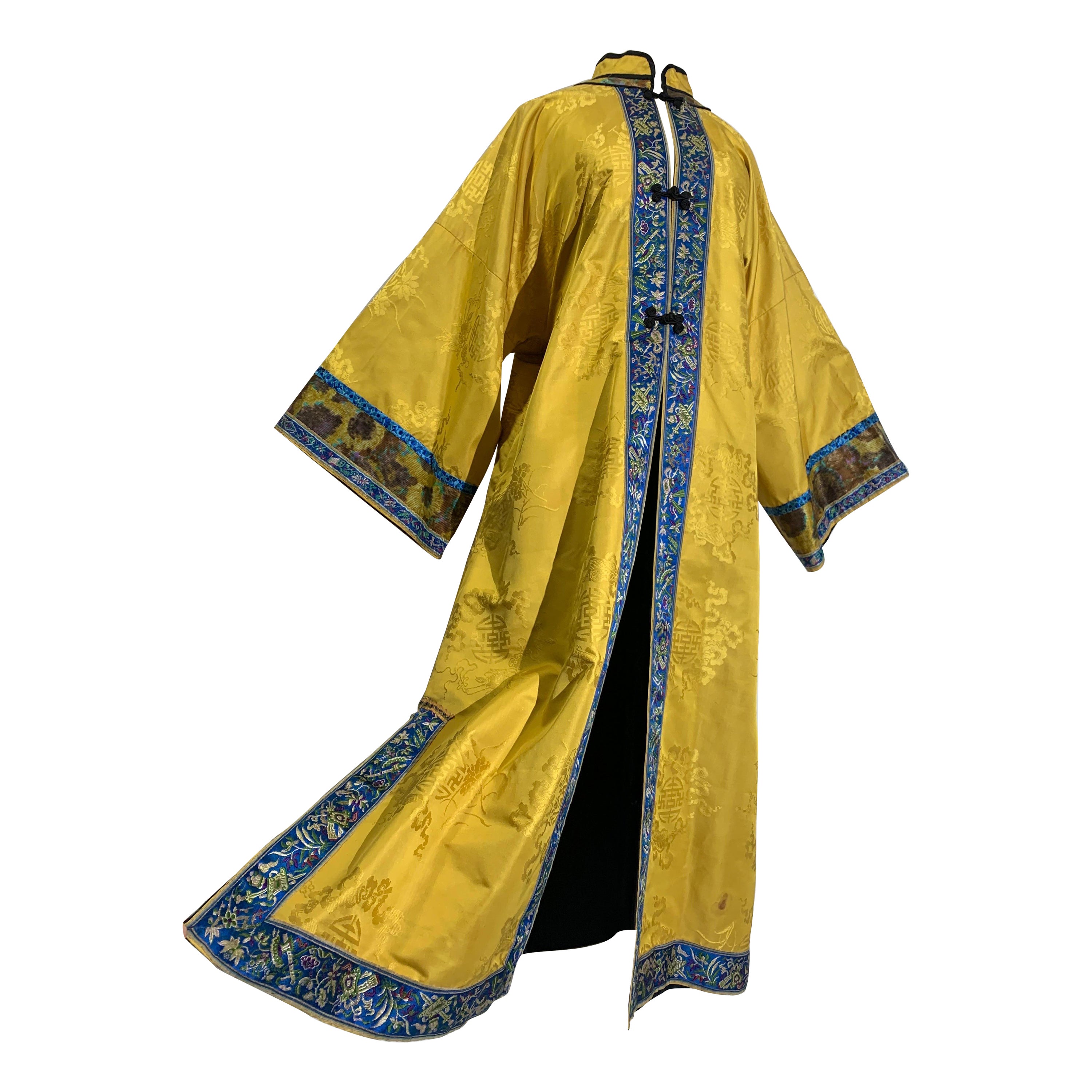 Traditional Imperial Yellow Embroidered Chinese Summer Robe w Blue Banding For Sale