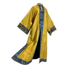 Antique Traditional Imperial Yellow Embroidered Chinese Summer Robe w Blue Banding