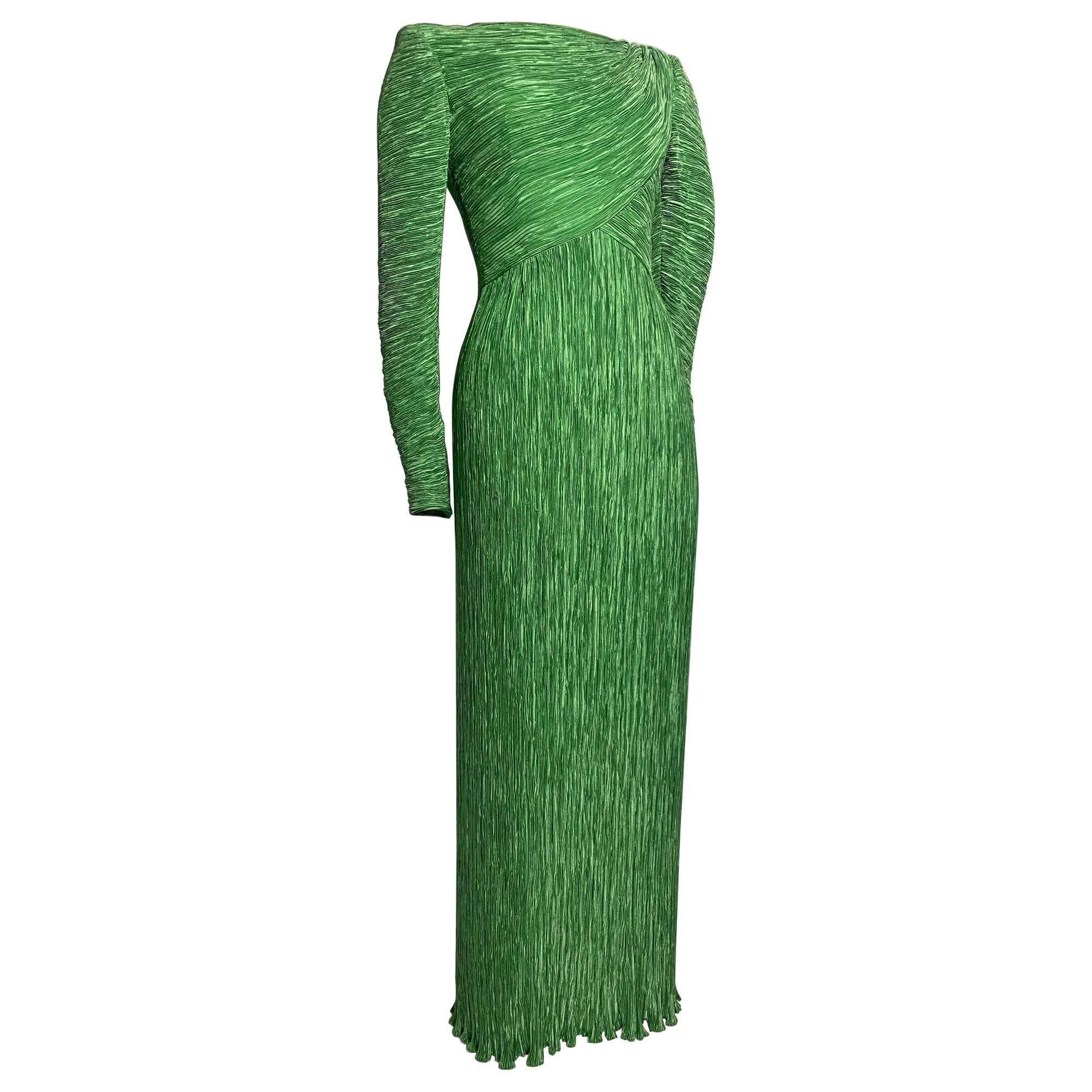 1980s Mary McFadden Jade Green Fortuny-Style Silk Column Gown w Long Sleeves For Sale