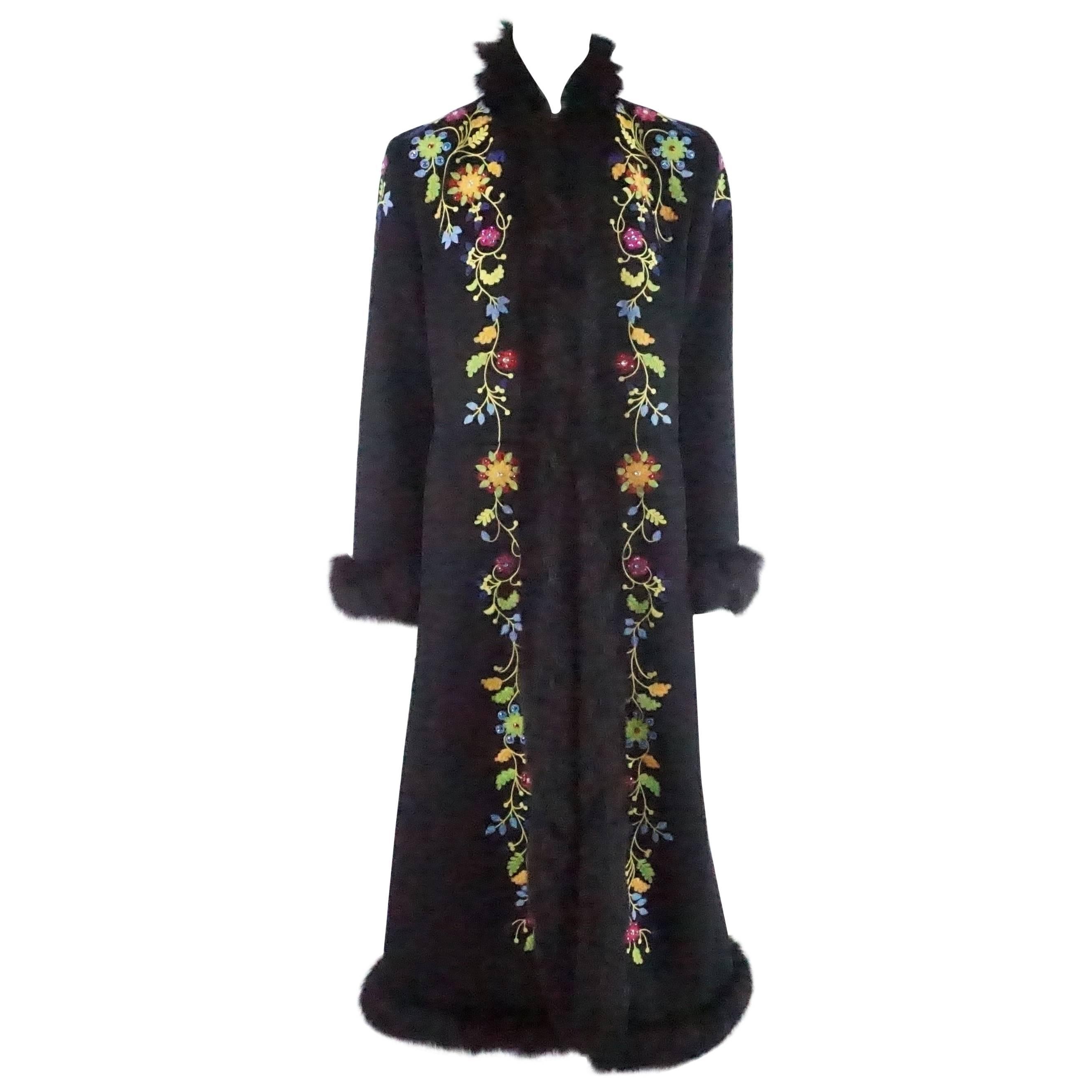 Escada Black Angora Wool Embroidered Coat with Fox Trim - 38
