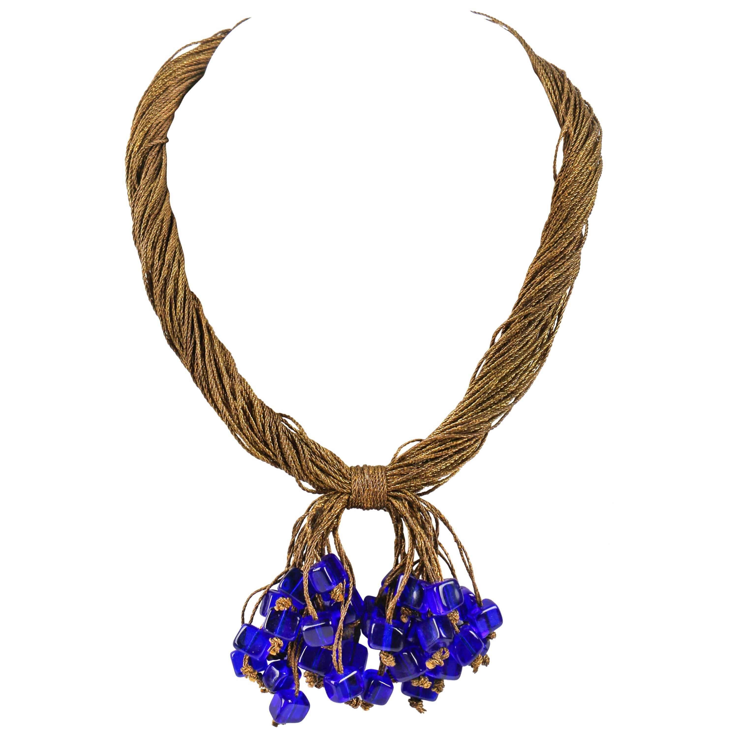 c.1920's Antique Gold Bullion Tassel Cobalt Blue Cube Glass Bead Knot Necklace