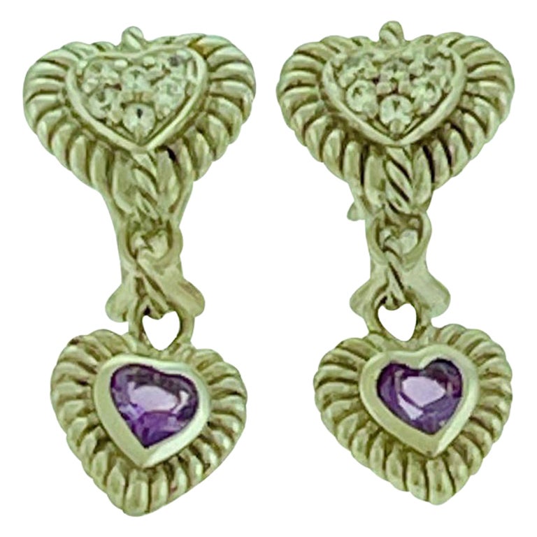 JUDITH RIPKA CZ Sterling Silver Heart Pierced Earrings w Amethyst 9.9 grams