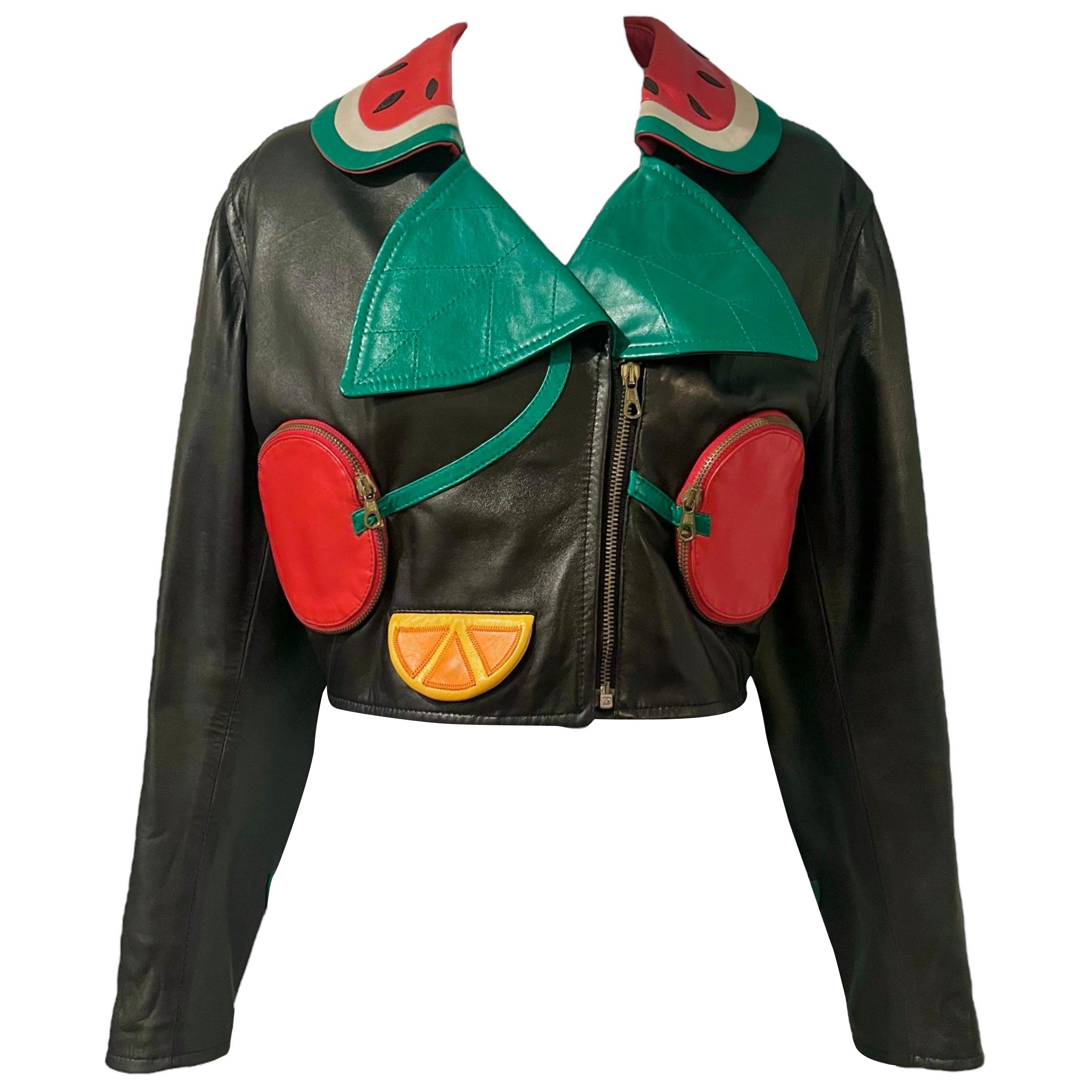 1990's Moschino Fruit Biker Vintage Leather Jacket For Sale