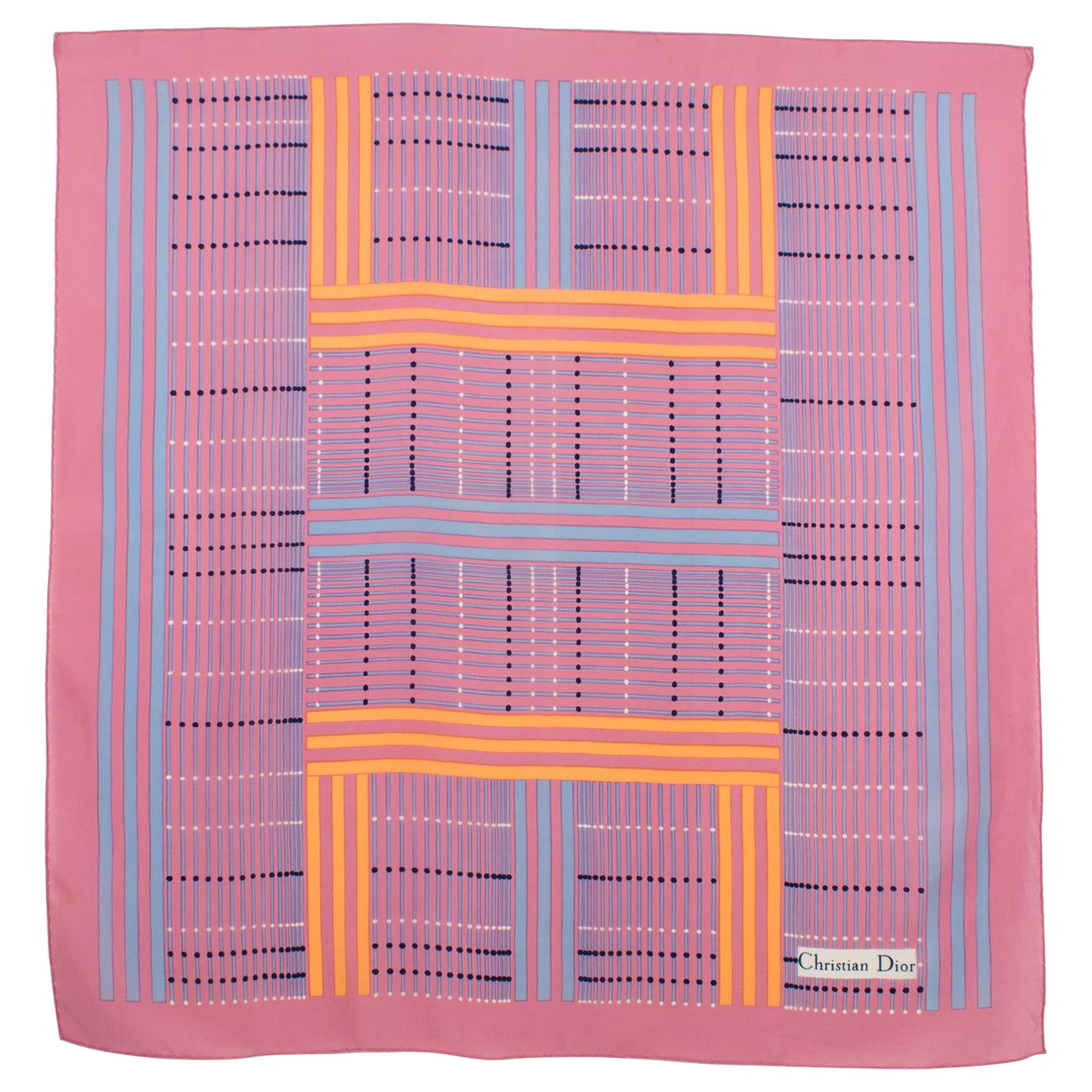 Christian Dior Paris Silk Scarf Geometric Print in Pink and Orange For Sale
