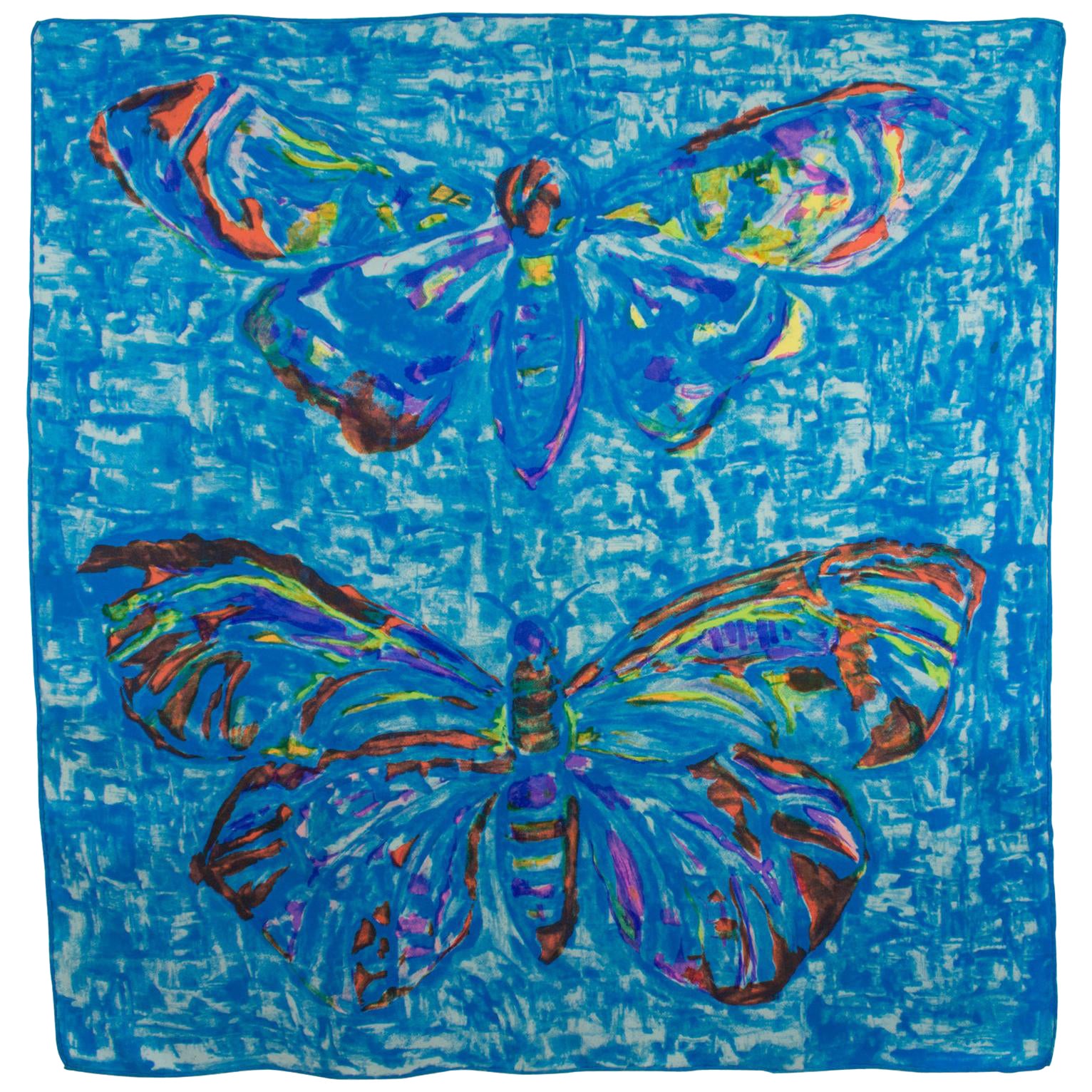Leonard Paris - Écharpe en soie bleue avec papillons en vente
