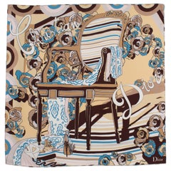 Christian Dior Paris - Foulard emblématique en soie, bleu et beige, motif chaise