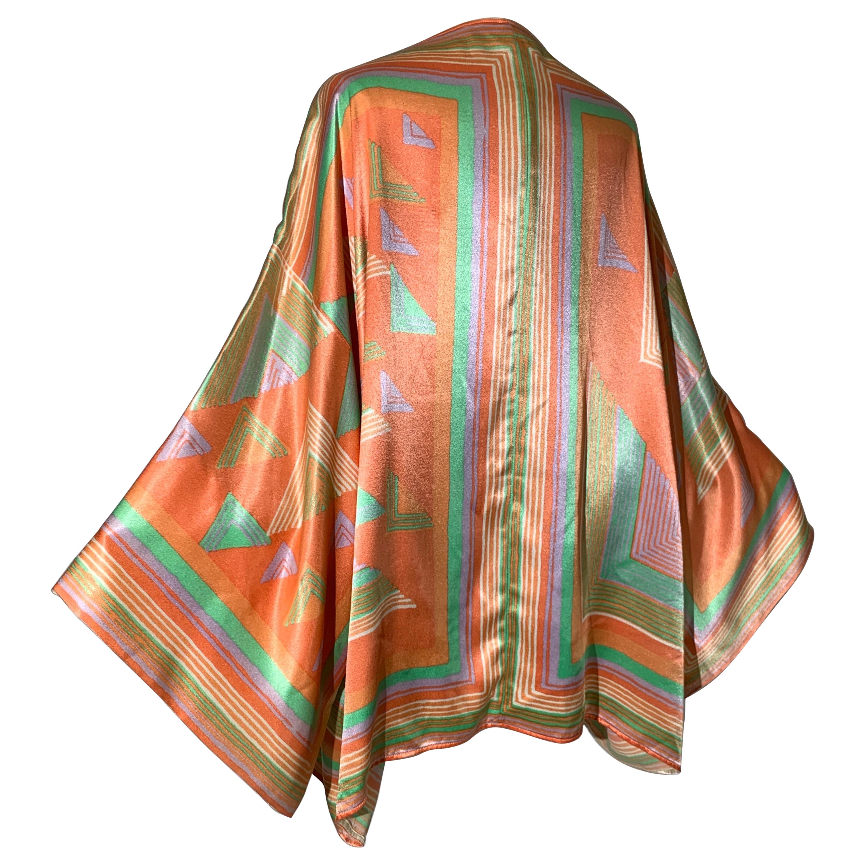 1970s Victor Costa Slipper Satin Deco-Revival Pastel Kimono Top Jacket For Sale
