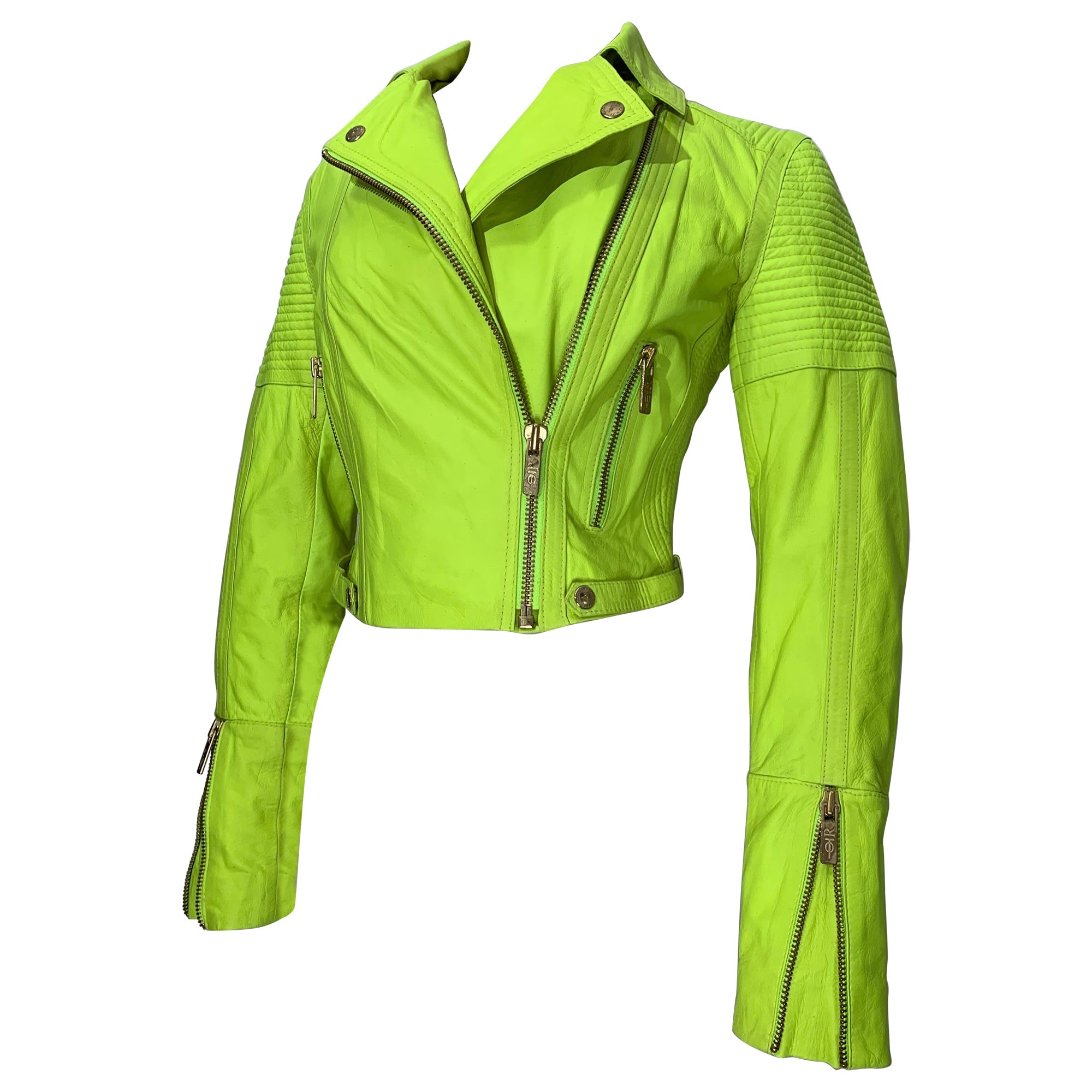 Neon Green Leather Cropped Motorcycle-Style Jacket w Quilted Shoulders & Zippers For Sale