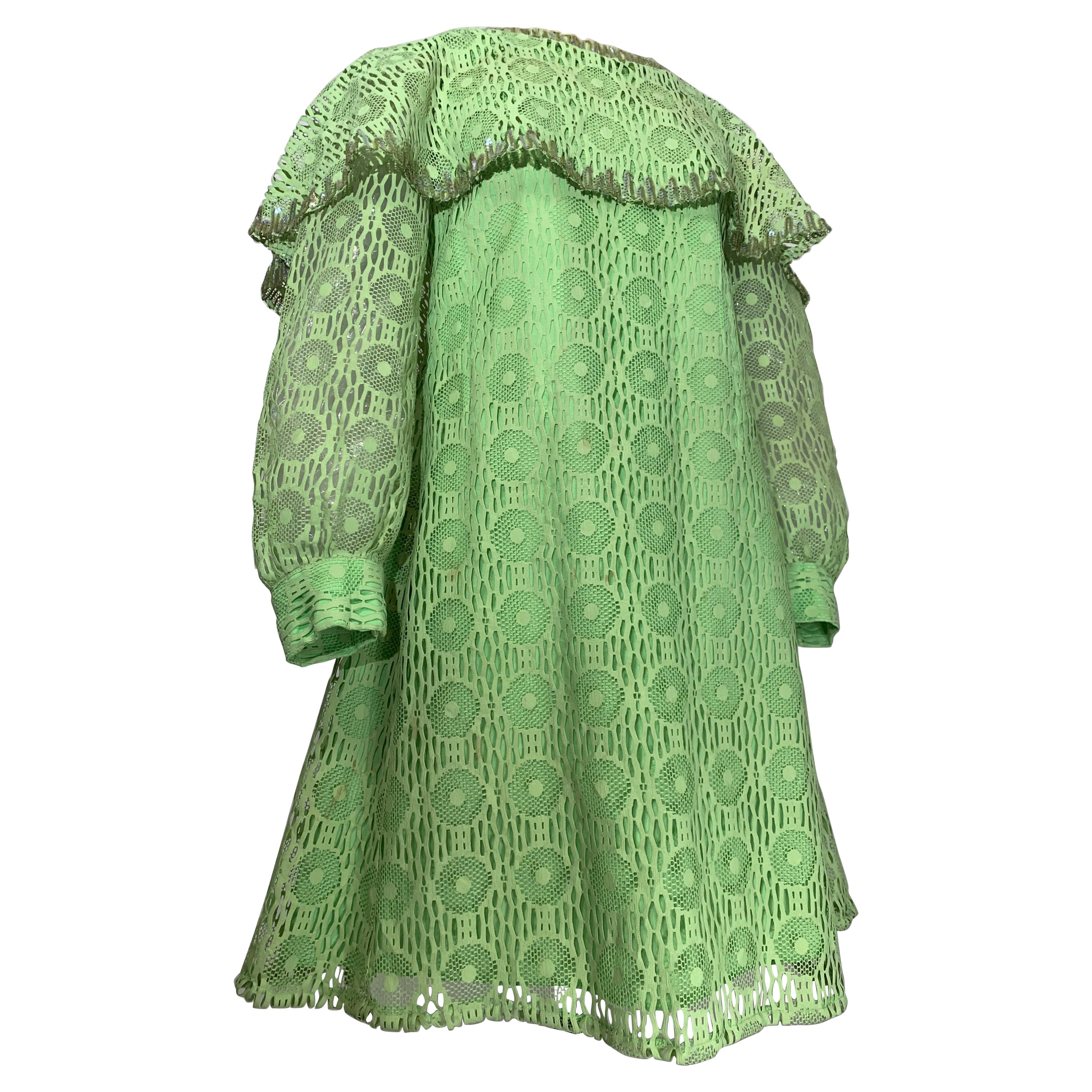 1960s Lime Green Net Lace Baby Doll Mod Mini Dress w Caplet & Banded Cuffs For Sale