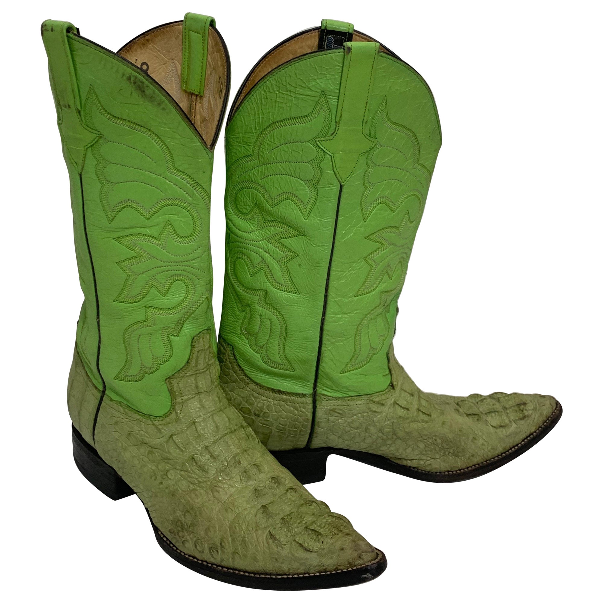 Gecko Green Leather & Crocodile Western Cowboy Boots US Size 8 For Sale