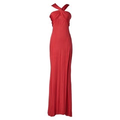 Red rayon jersey evening dress draped on the bust and back Donna Karan 