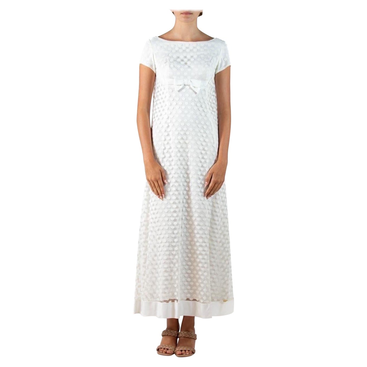 1960S White & Cream Linen Cotton Polka Dot Lace Empire Waist Wedding Dress For Sale