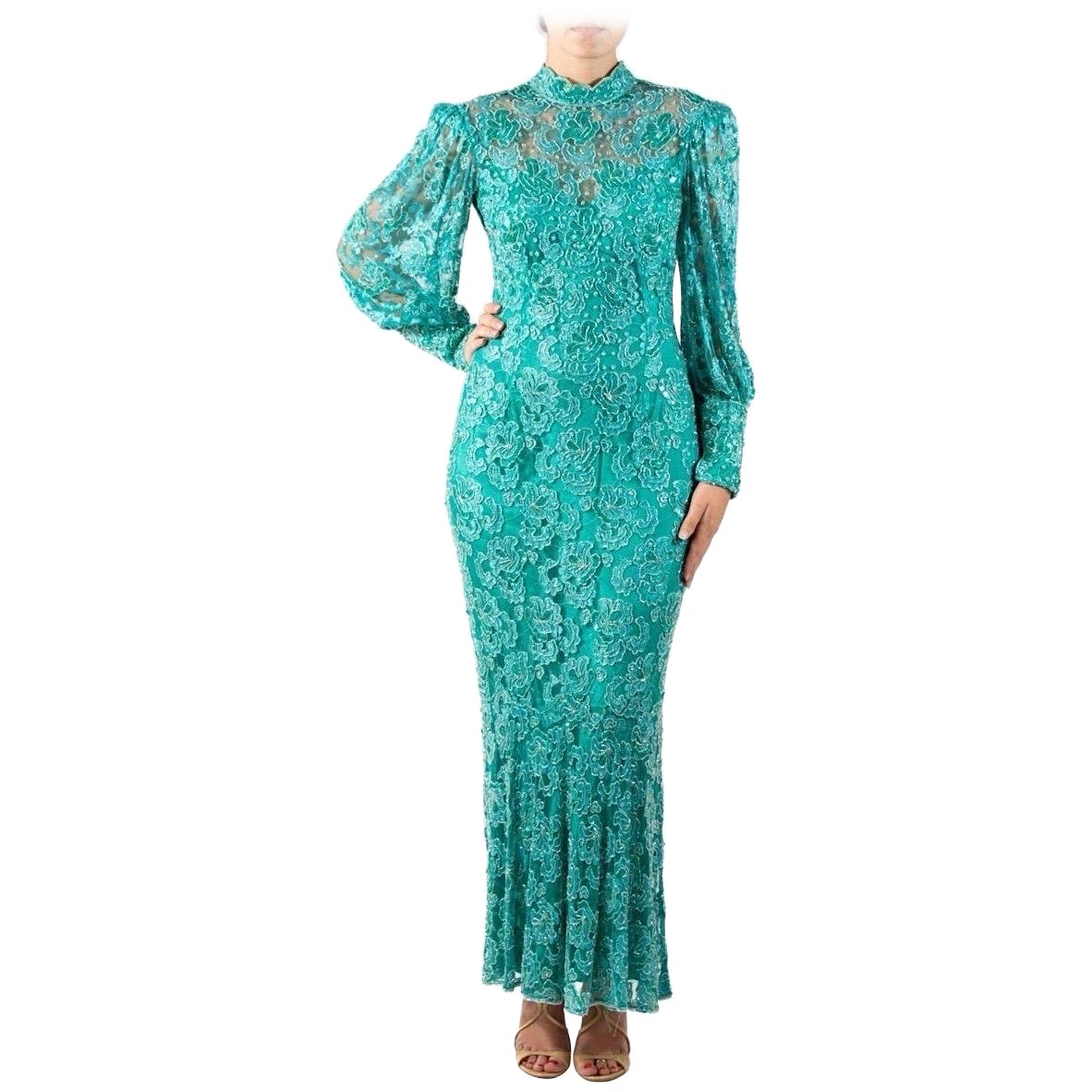 1980S Teal Beaded Rayon Lace Gown With Sleeves For Sale