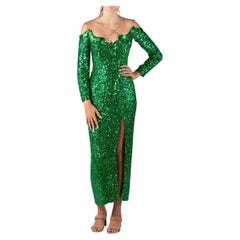 1990S Robe en mousseline de soie vert émeraude entièrement perlée