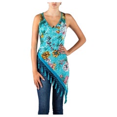 Vintage 1990S Aqua Blue Floral Rayon & Silk Burnout Velvet Dress With Tassels