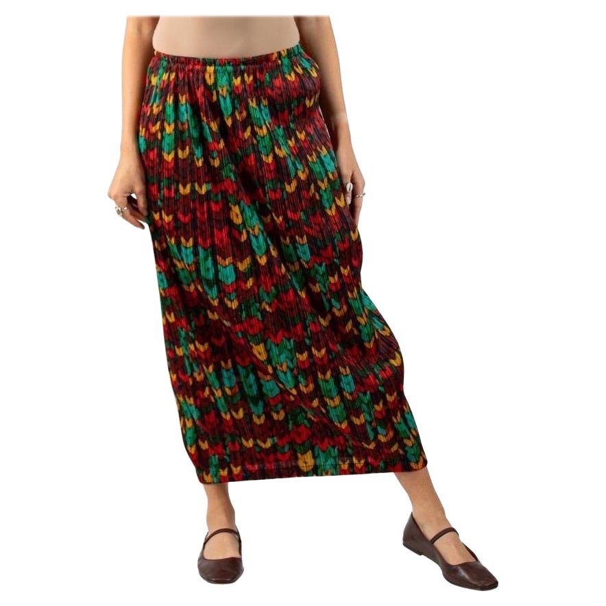 1990S Issey Miyake Jupe à plis Please Rouge Vert Polyester imprimé géométrique
