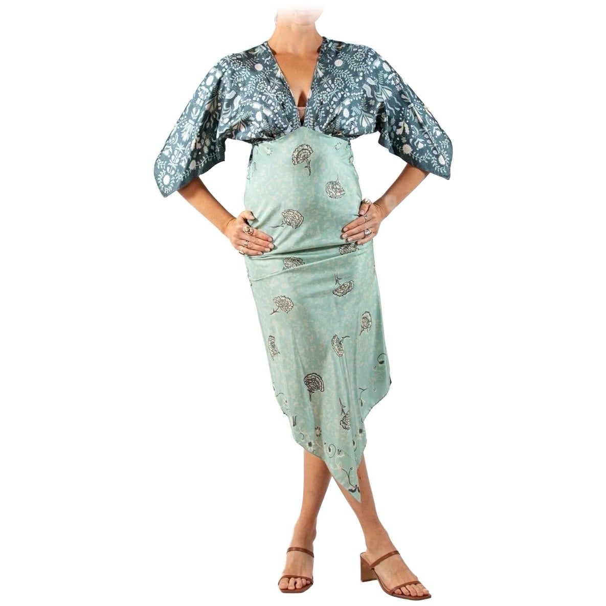 Morphew Collection Seafoam Green & Blue Silk Twill 2-Scarf Dress For Sale