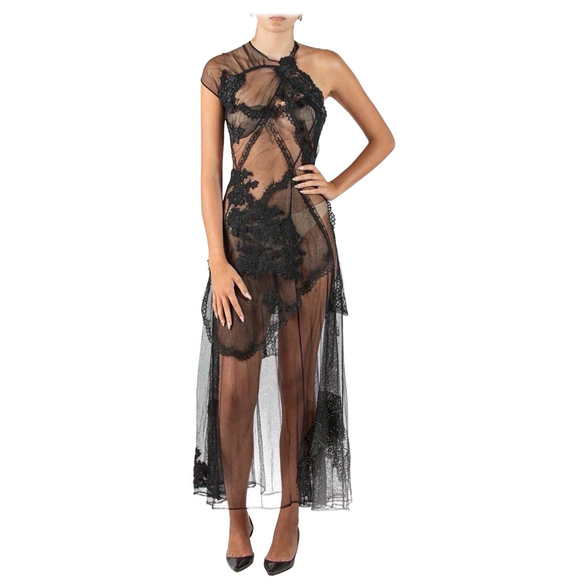 Morphew Atelier Black Rayon & Silk Victorian Lace Net Asymmetrical  Gown For Sale