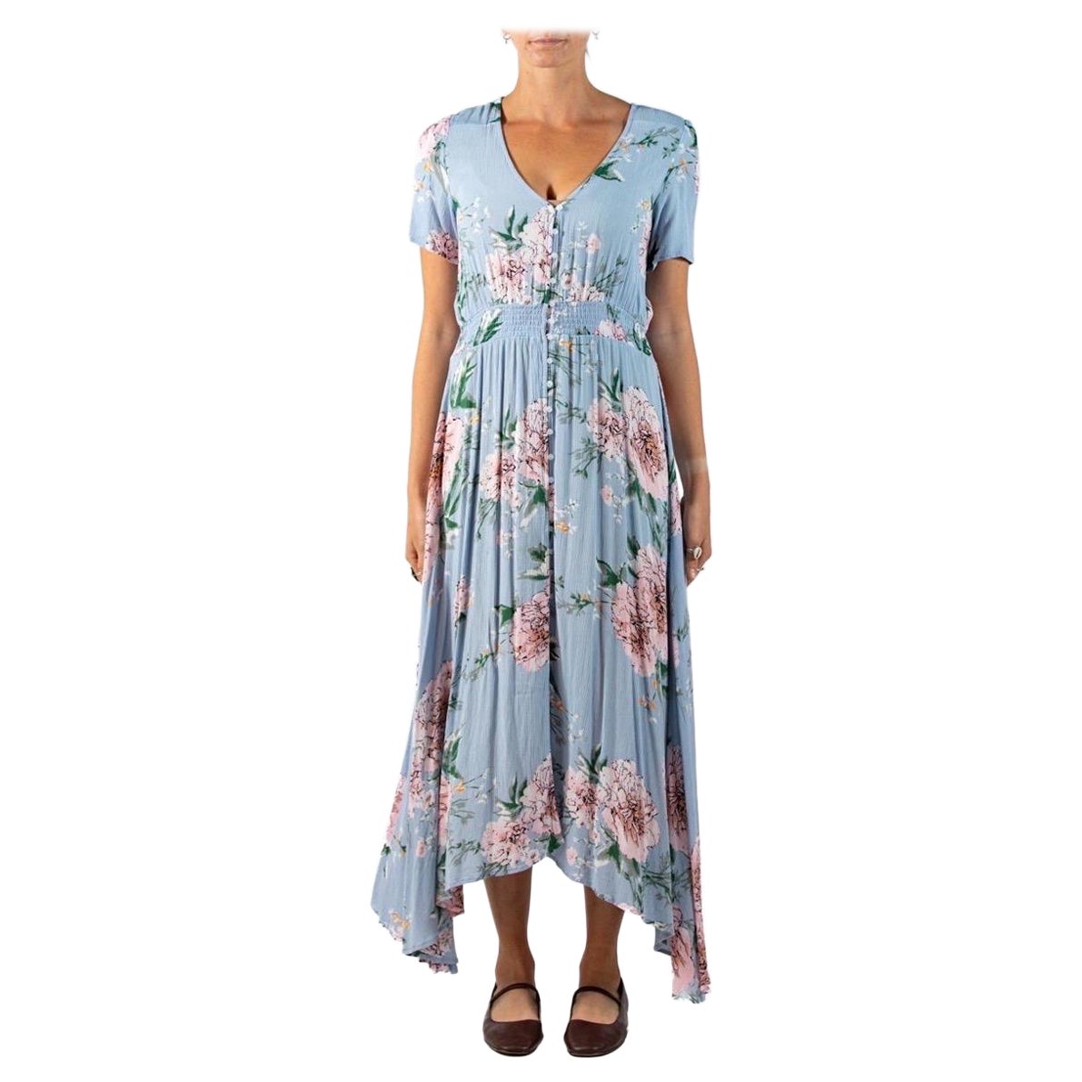 1990S Light Blue Floral Rayon Crinkle Crepe 1940S Style Dress For Sale