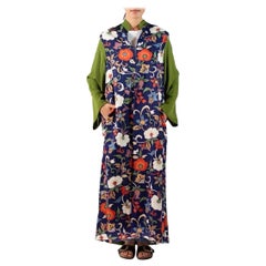 1980er Marineblauer Kimono aus geblümter Seide