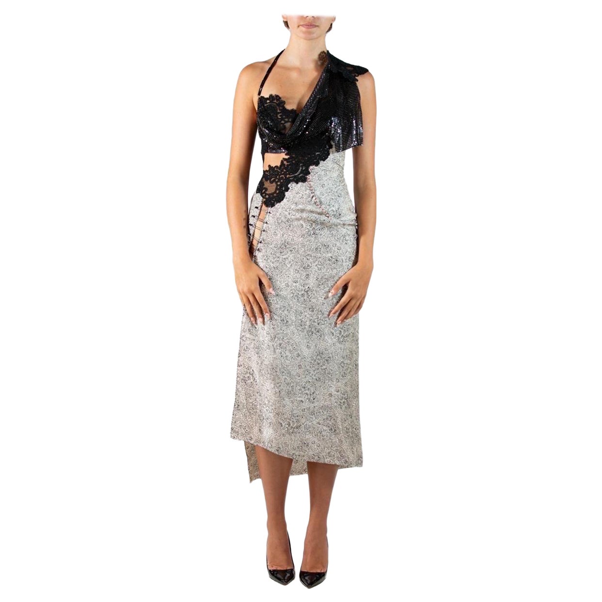 Morphew Atelier Black & White Silk Jacquard Cocktail Dress With Lace Metal Mesh For Sale