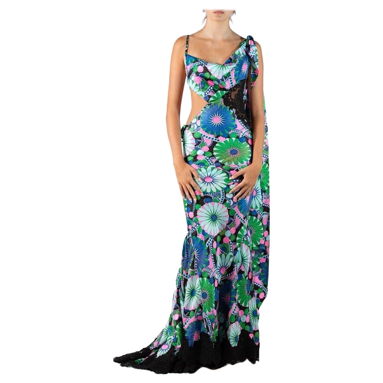 Morphew Atelier Bias Cut Psychedelic Vintage 60'S Fabric & Lace Gown For Sale